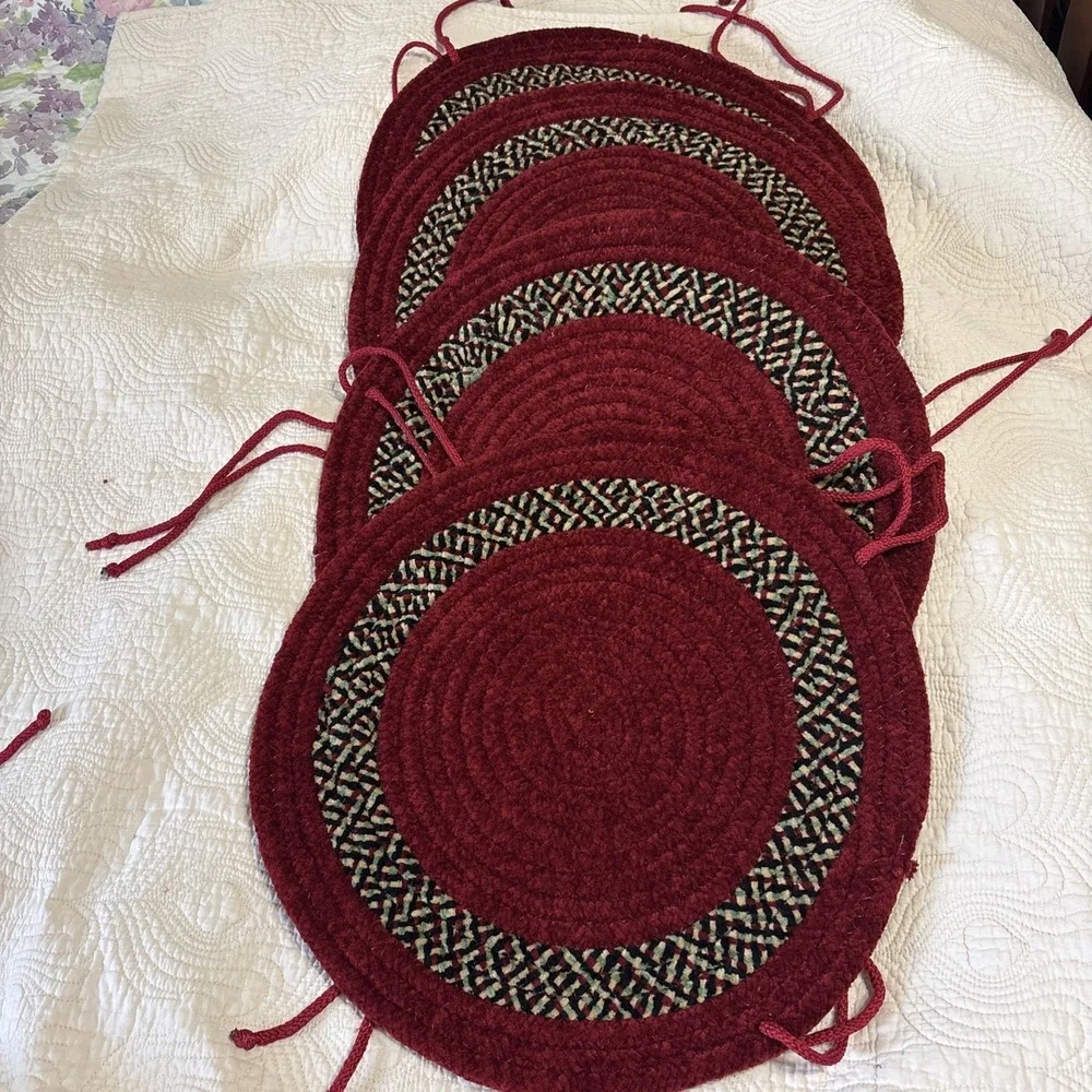 Vtg 4 Red Chenille Chair Pads 16